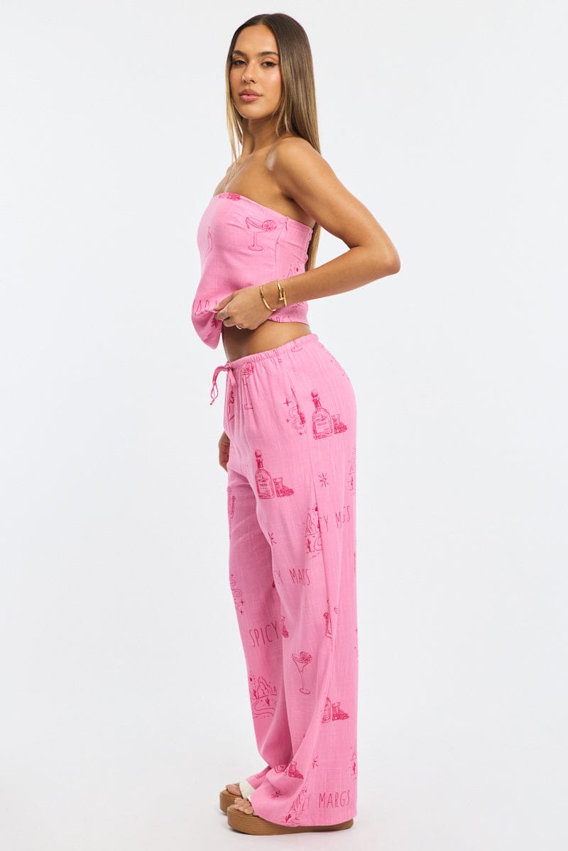Pink Abstract Wide Leg Pants Elasticated Waist
