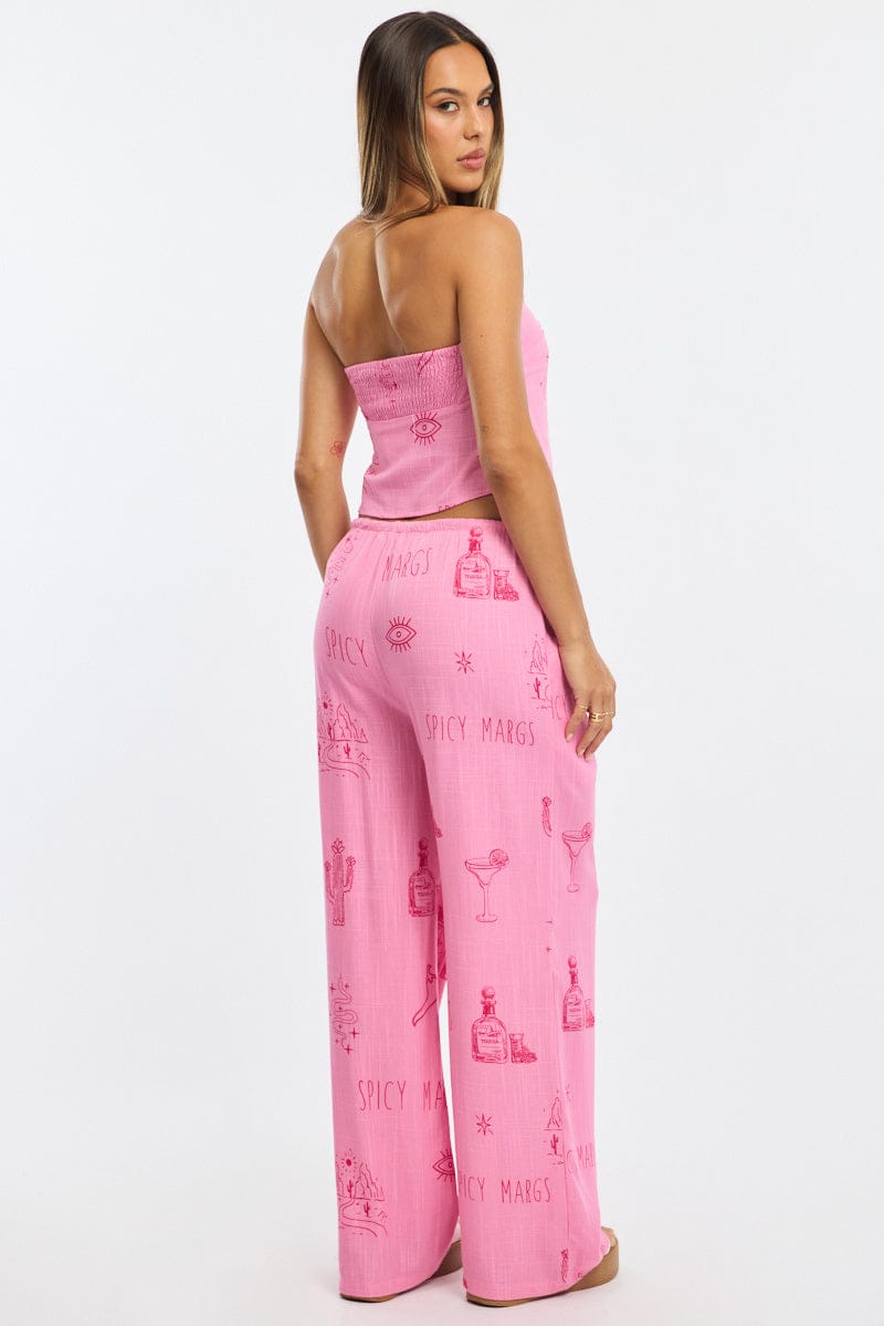 Pink Abstract Wide Leg Pants Elasticated Waist