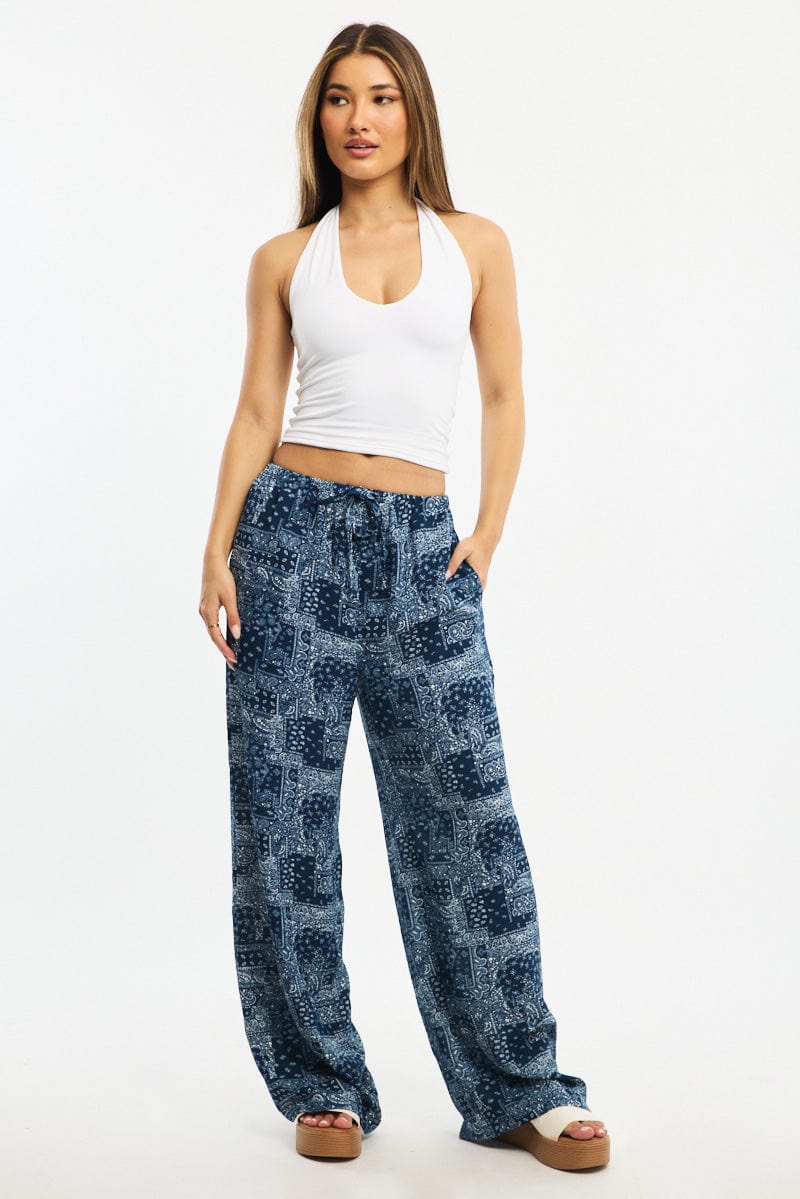 Blue Boho Wide Leg Pants Elasticated Waist