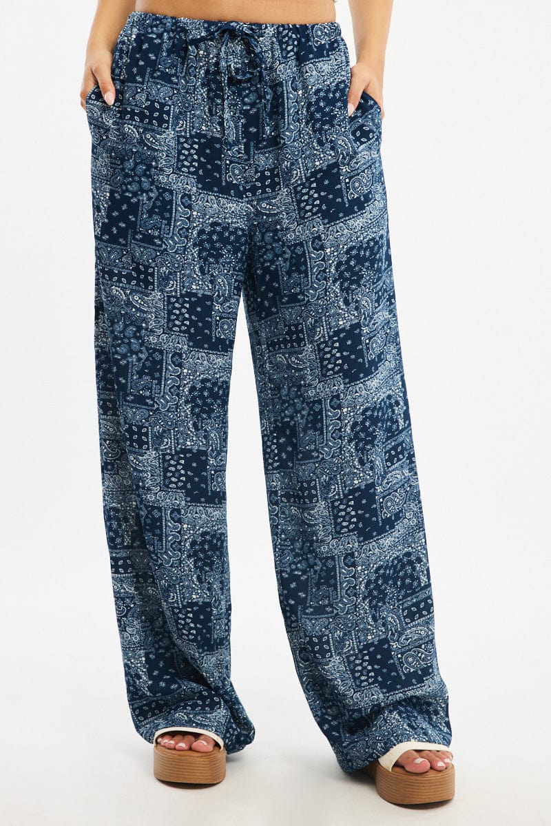 Blue Boho Wide Leg Pants Elasticated Waist