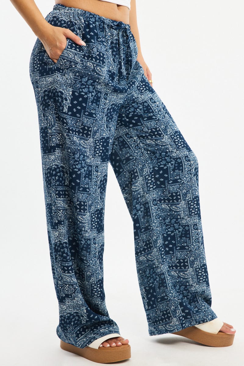 Blue Boho Wide Leg Pants Elasticated Waist