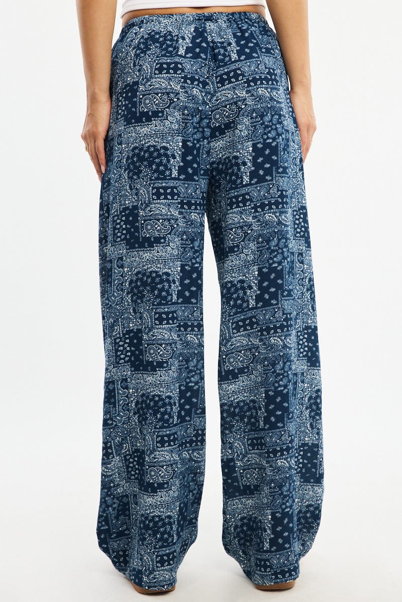 Blue Boho Wide Leg Pants Elasticated Waist