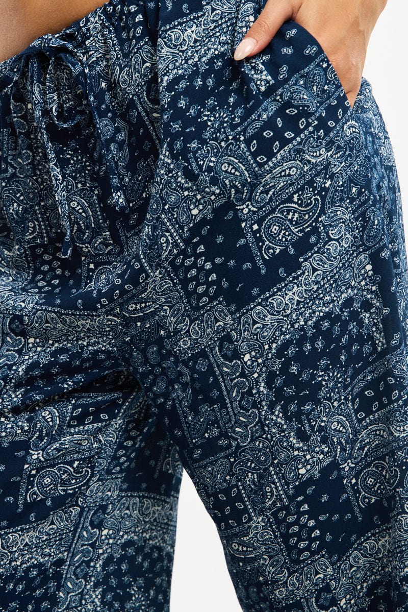 Blue Boho Wide Leg Pants Elasticated Waist