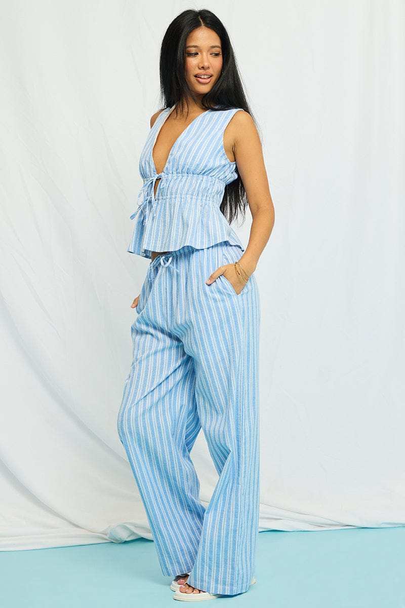 Blue Stripe Wide Leg Pants Elasticated Waist