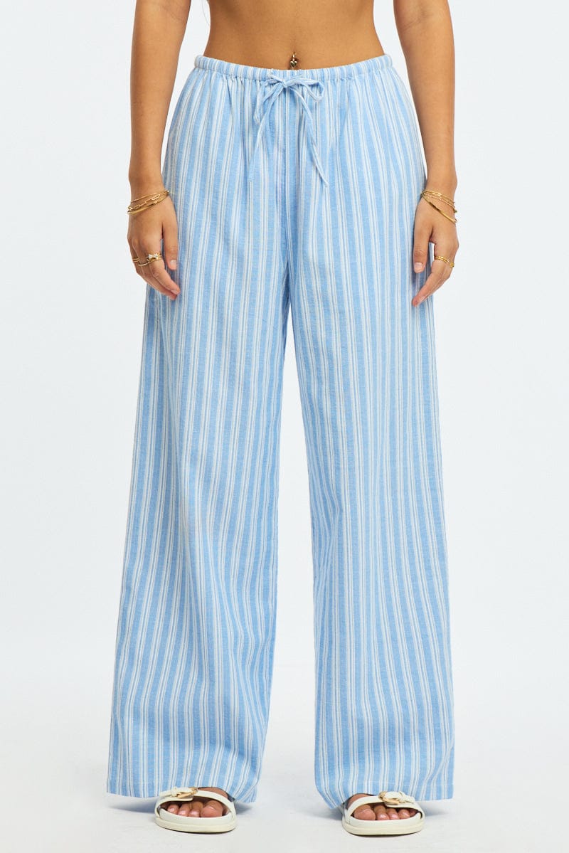 Blue Stripe Wide Leg Pants Elasticated Waist