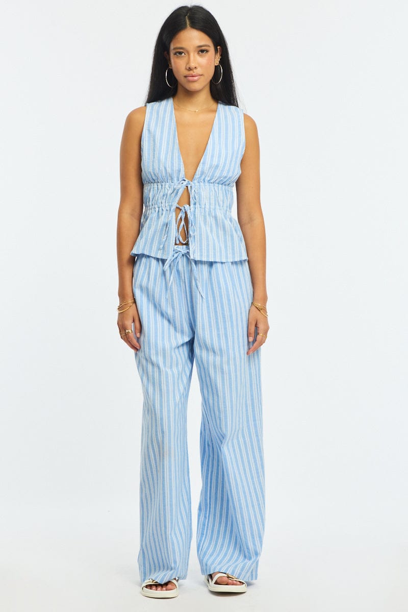Blue Stripe Wide Leg Pants Elasticated Waist