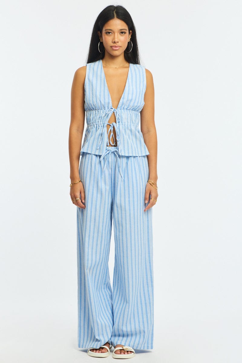 Blue Stripe Wide Leg Pants Elasticated Waist