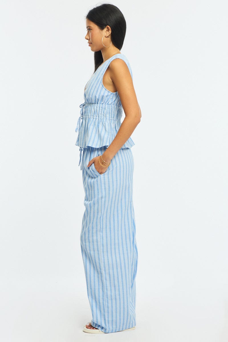 Blue Stripe Wide Leg Pants Elasticated Waist