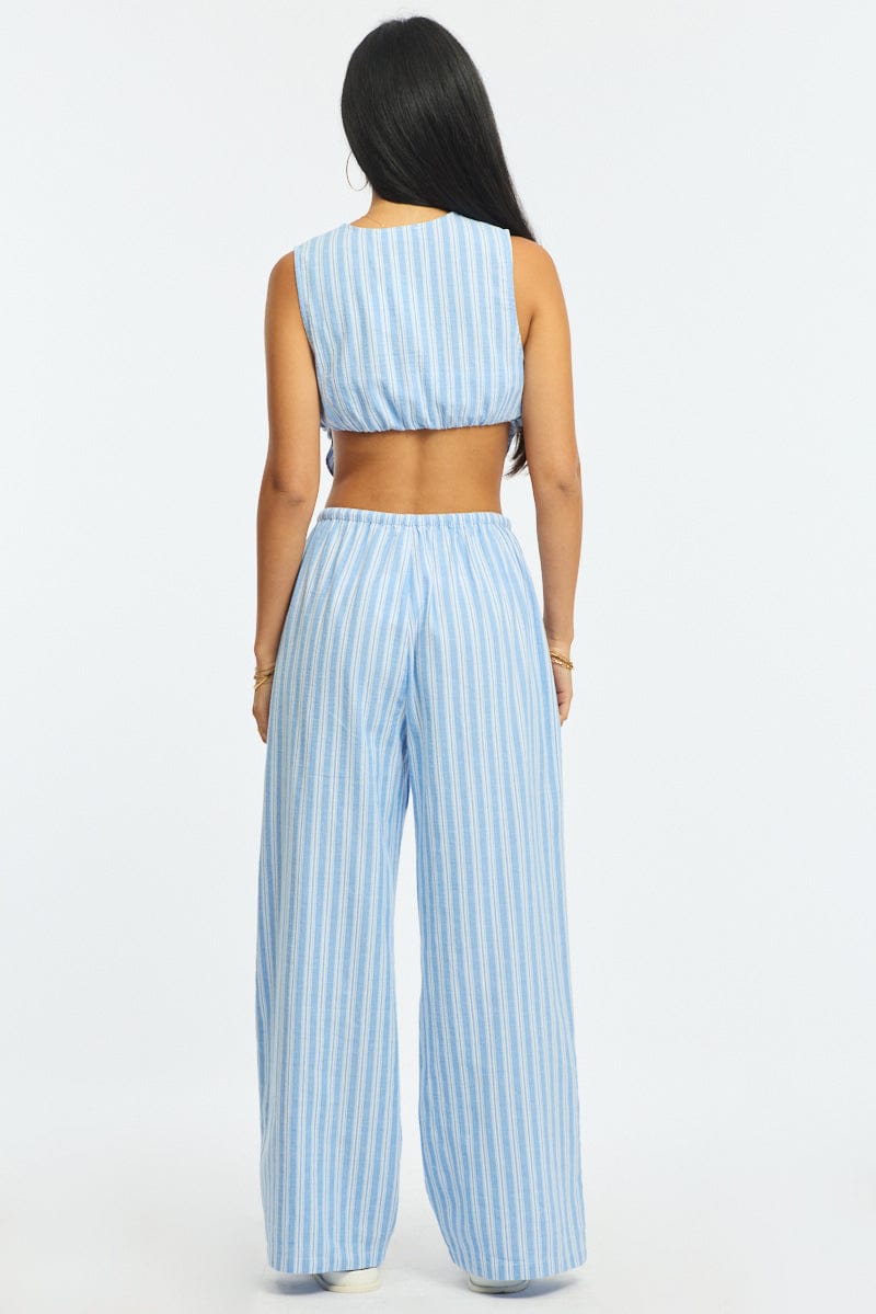 Blue Stripe Wide Leg Pants Elasticated Waist