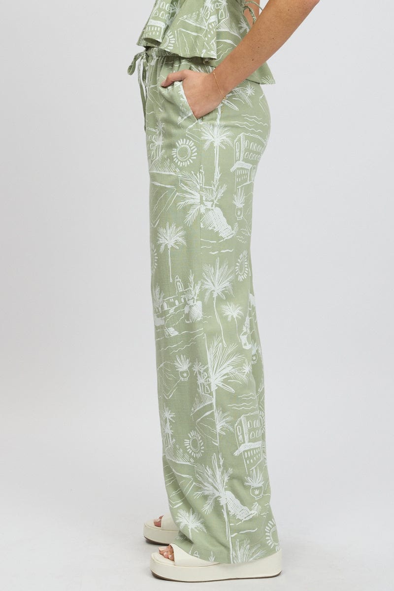 Green Abstract Wide Leg Pants High Rise