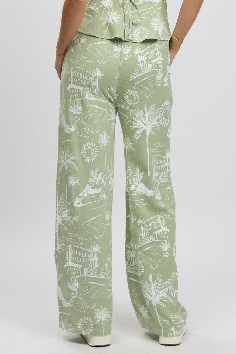 Green Abstract Wide Leg Pants High Rise