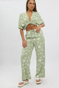 Green Abstract Wide Leg Pants High Rise