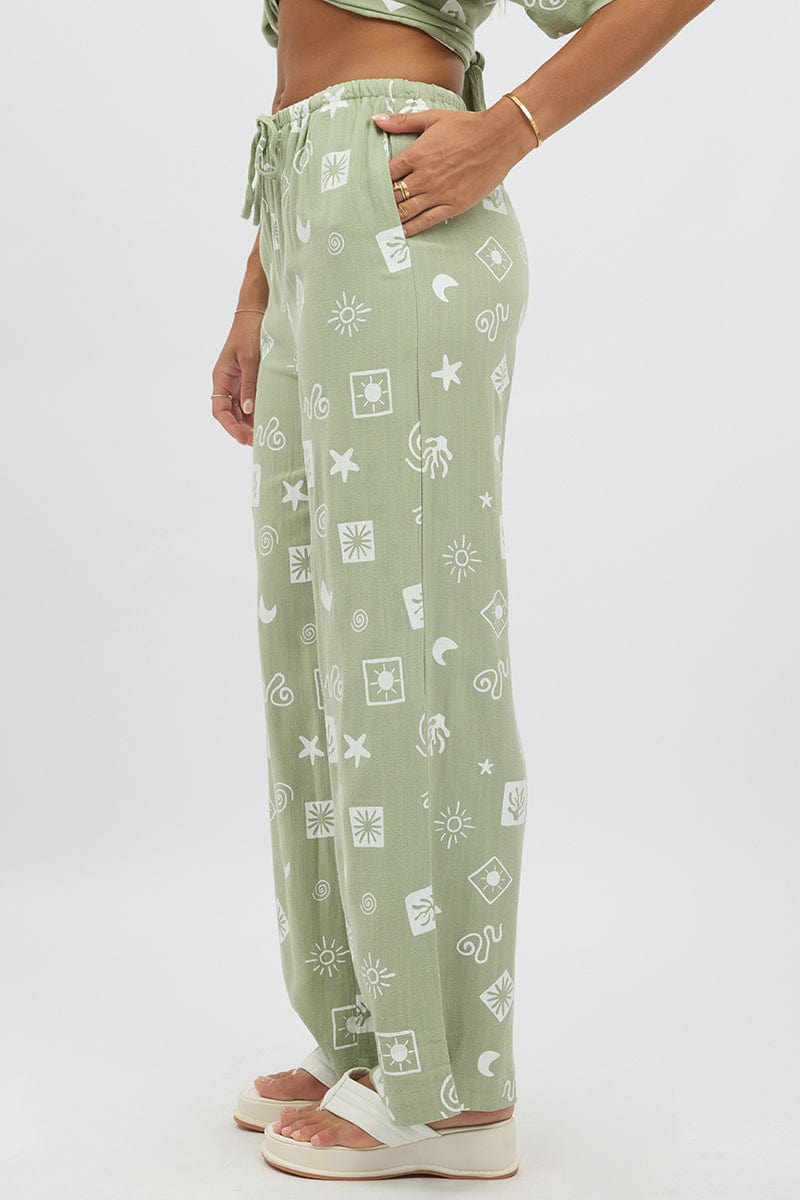 Green Abstract Wide Leg Pants High Rise