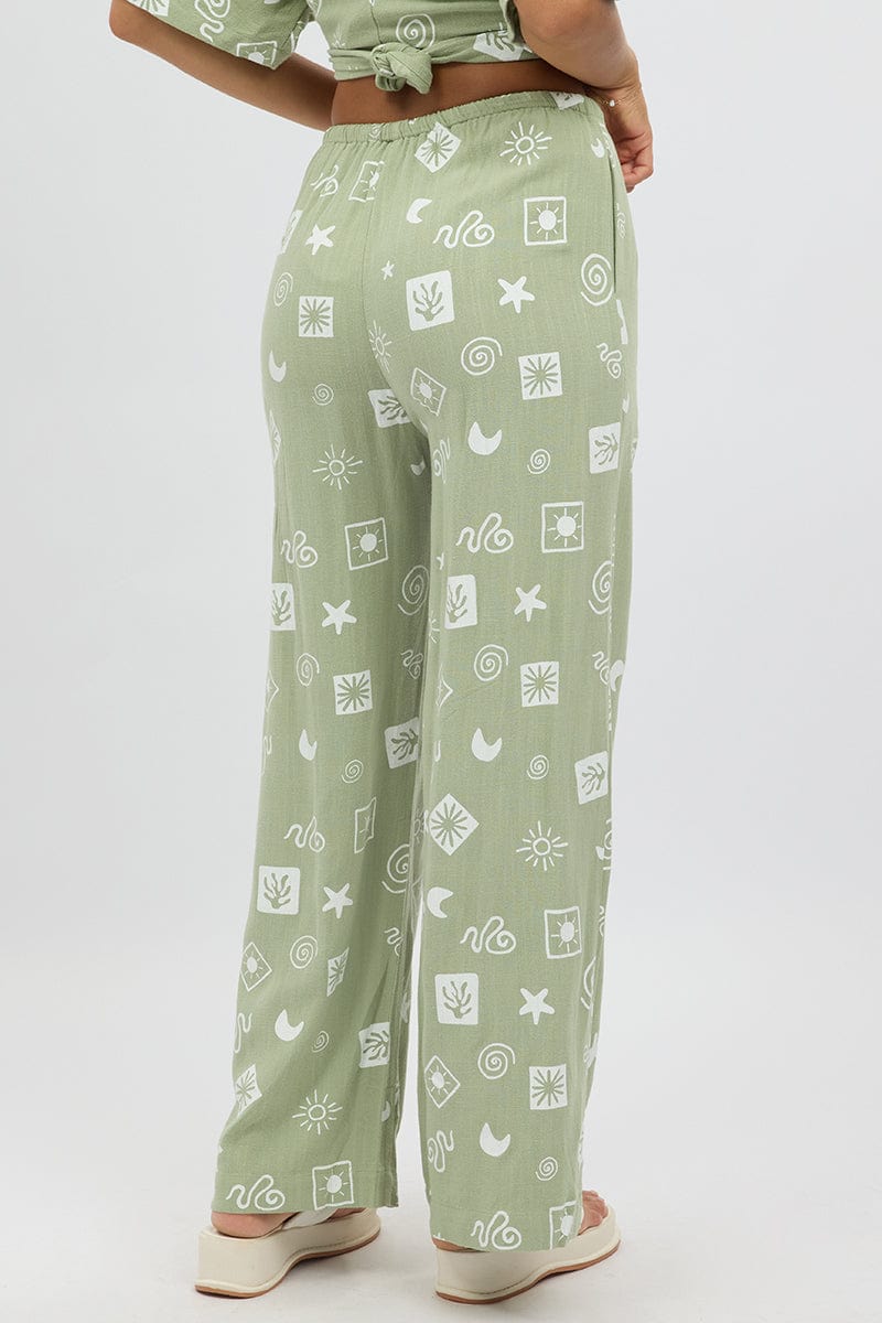 Green Abstract Wide Leg Pants High Rise