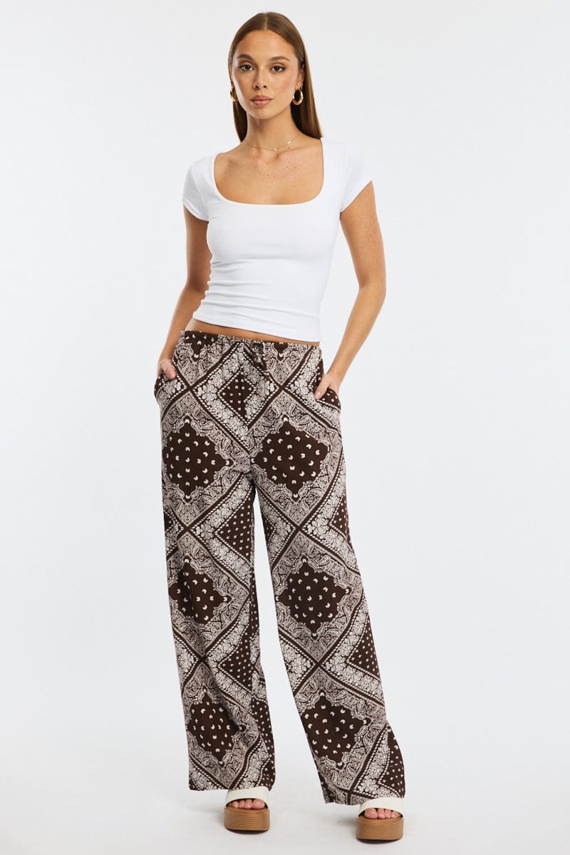 Brown Boho Wide Leg Pants High Rise