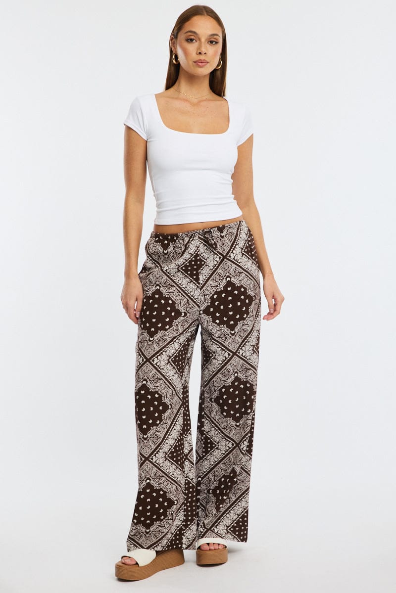 Brown Boho Wide Leg Pants High Rise