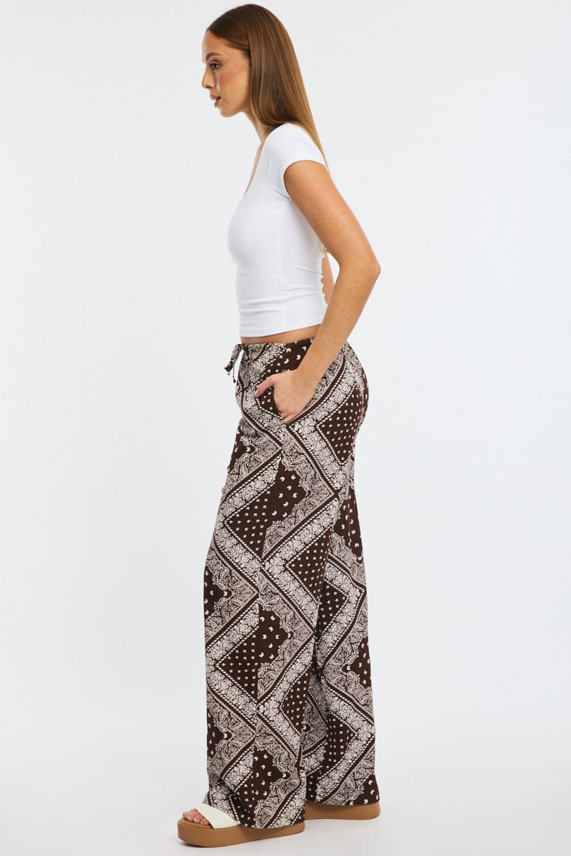 Brown Boho Wide Leg Pants High Rise