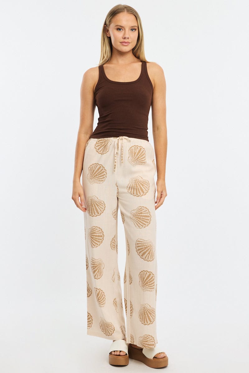 Beige Abstract Wide Leg Pants High Rise