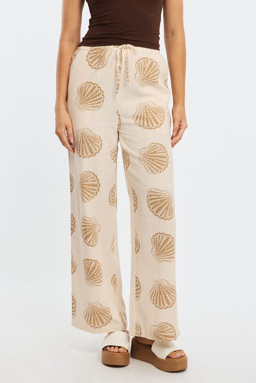 Beige Abstract Wide Leg Pants High Rise