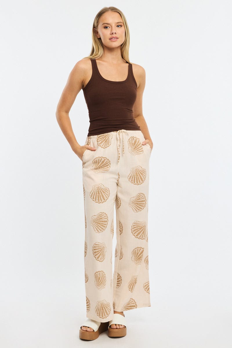 Beige Abstract Wide Leg Pants High Rise