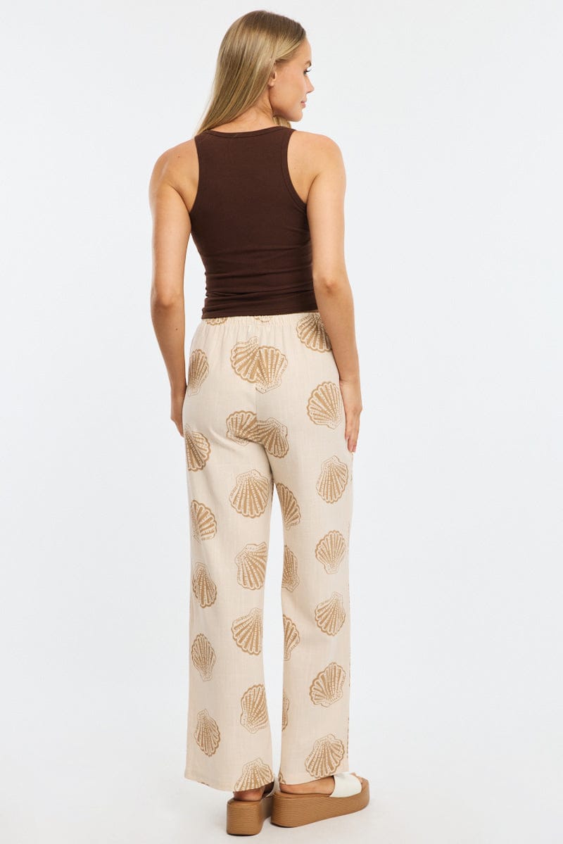 Beige Abstract Wide Leg Pants High Rise