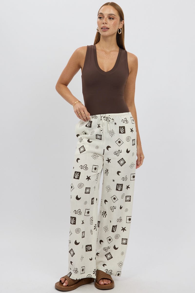 Beige Abstract Wide Leg Pants High Rise