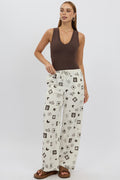 Beige Abstract Wide Leg Pants High Rise