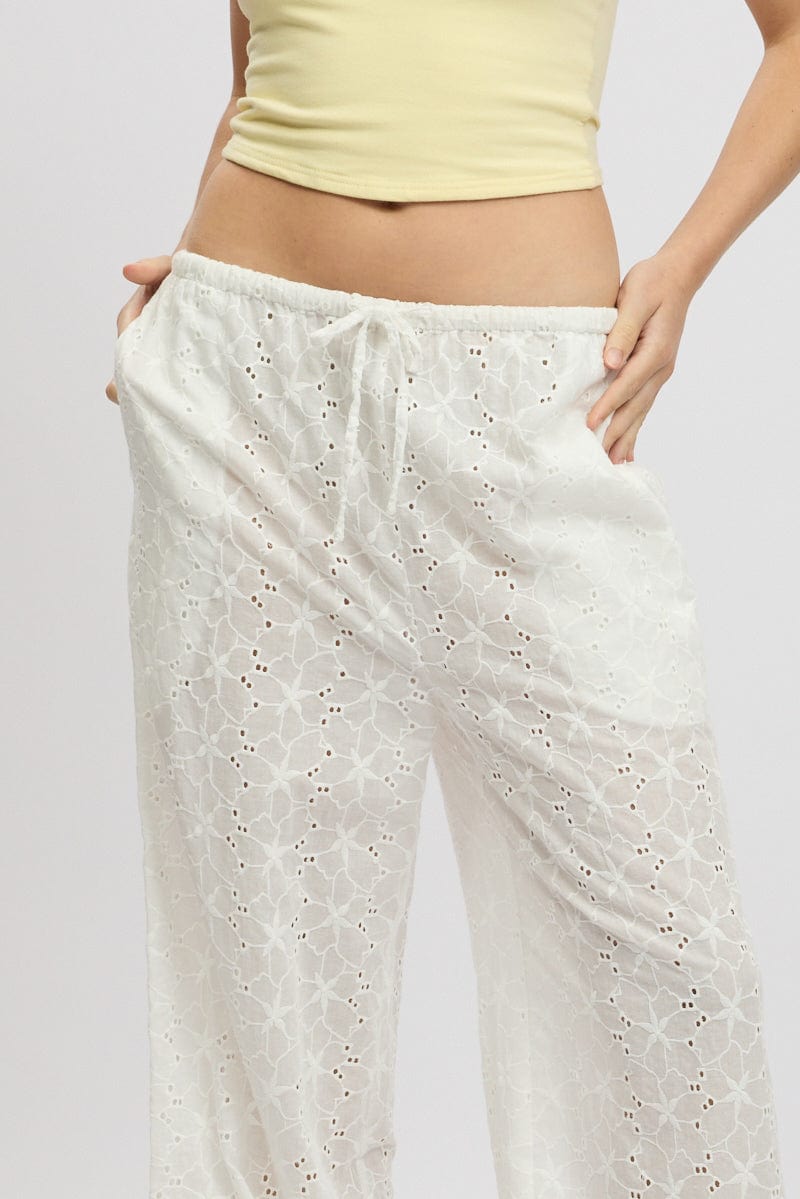White Wide Leg Pants High Rise Eyelet Fabric