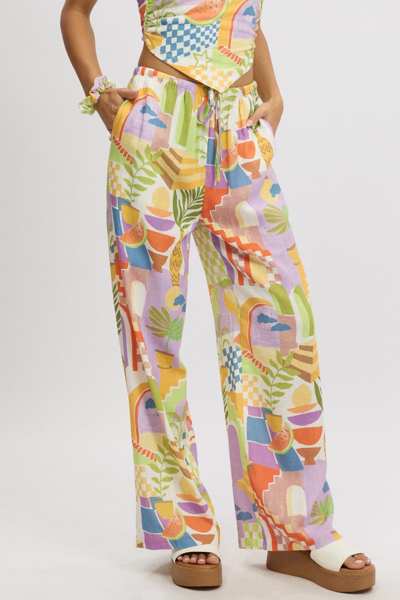 Multi Abstract Wide Leg Pants High Rise