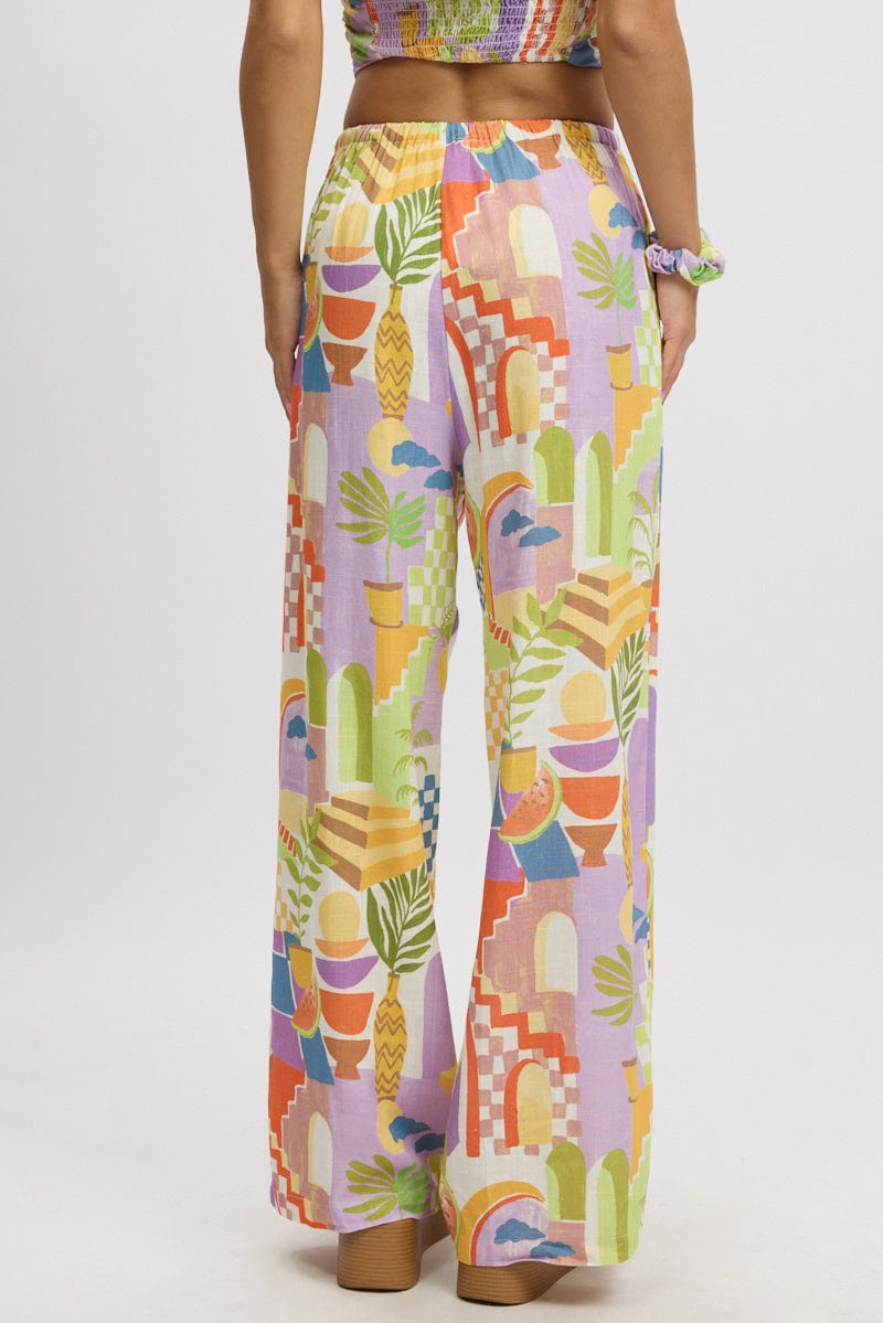 Multi Abstract Wide Leg Pants High Rise