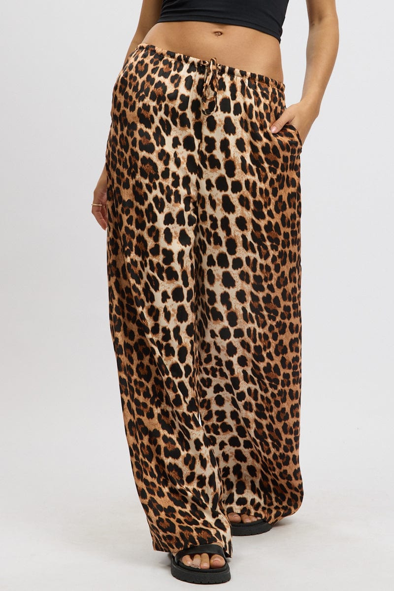 Brown Animal Print Wide Leg Pants Elasticated Waist