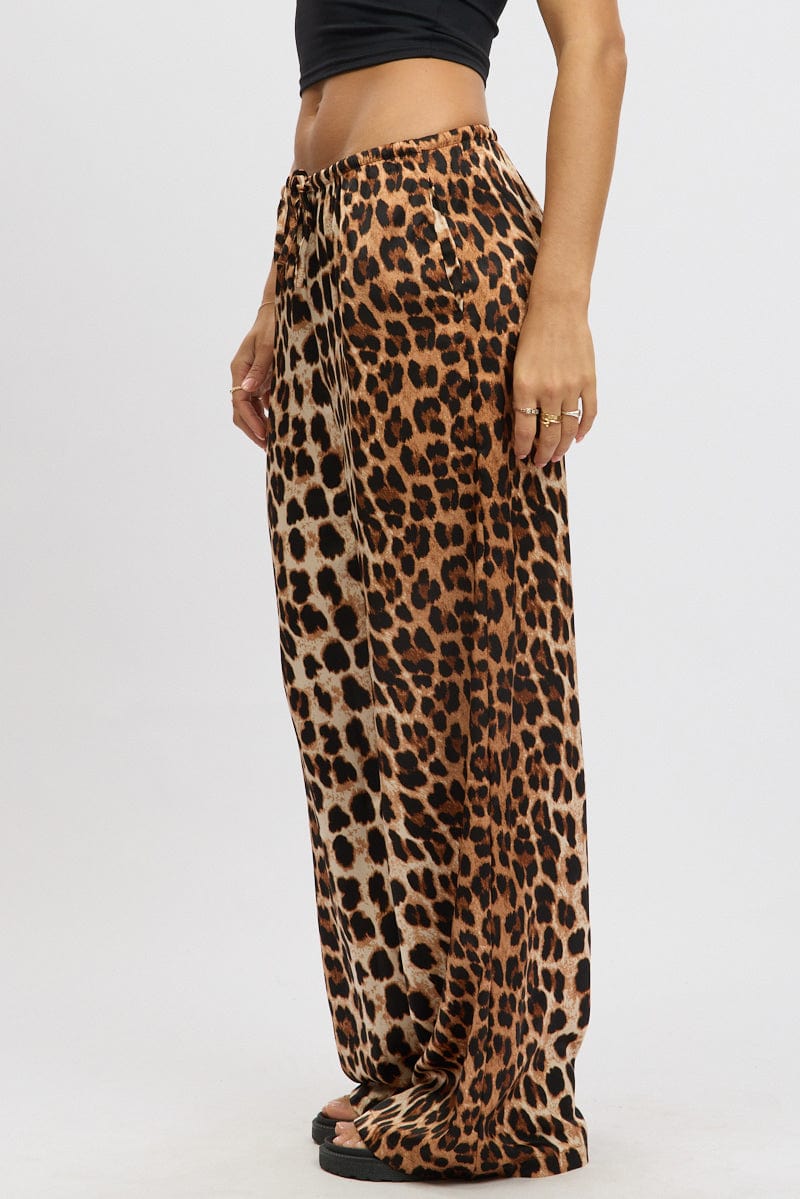 Brown Animal Print Wide Leg Pants Elasticated Waist