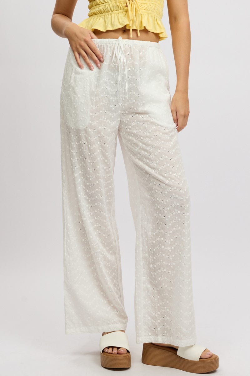 White Wide Leg Pants High Rise Eyelet Fabric