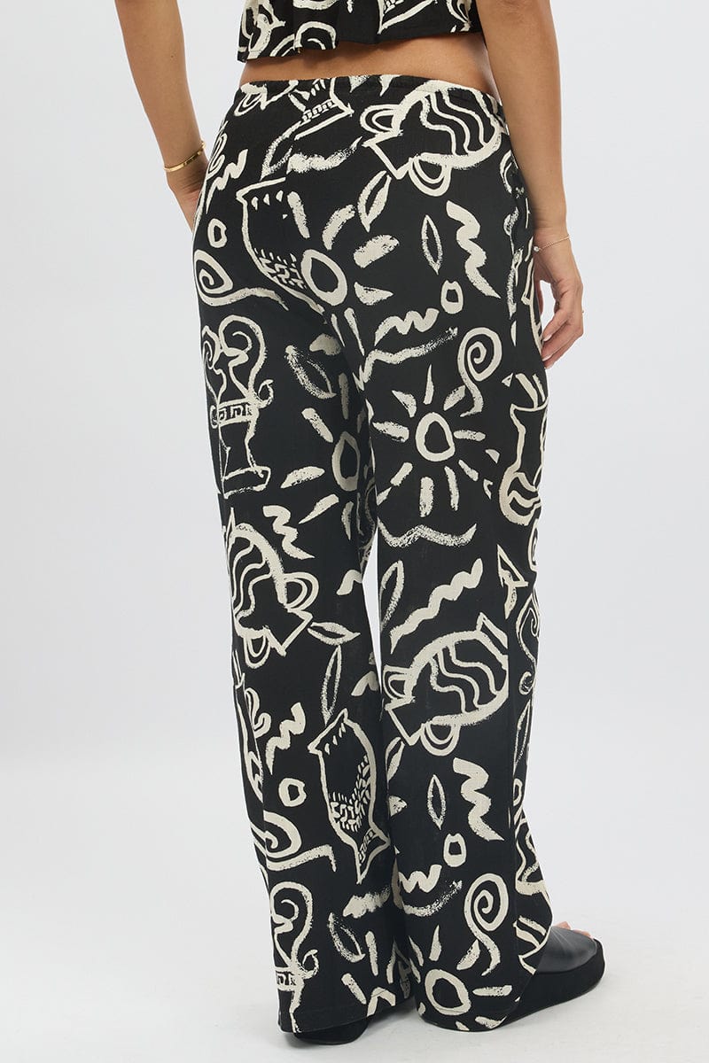Black Abstract Wide Leg Pants High Rise