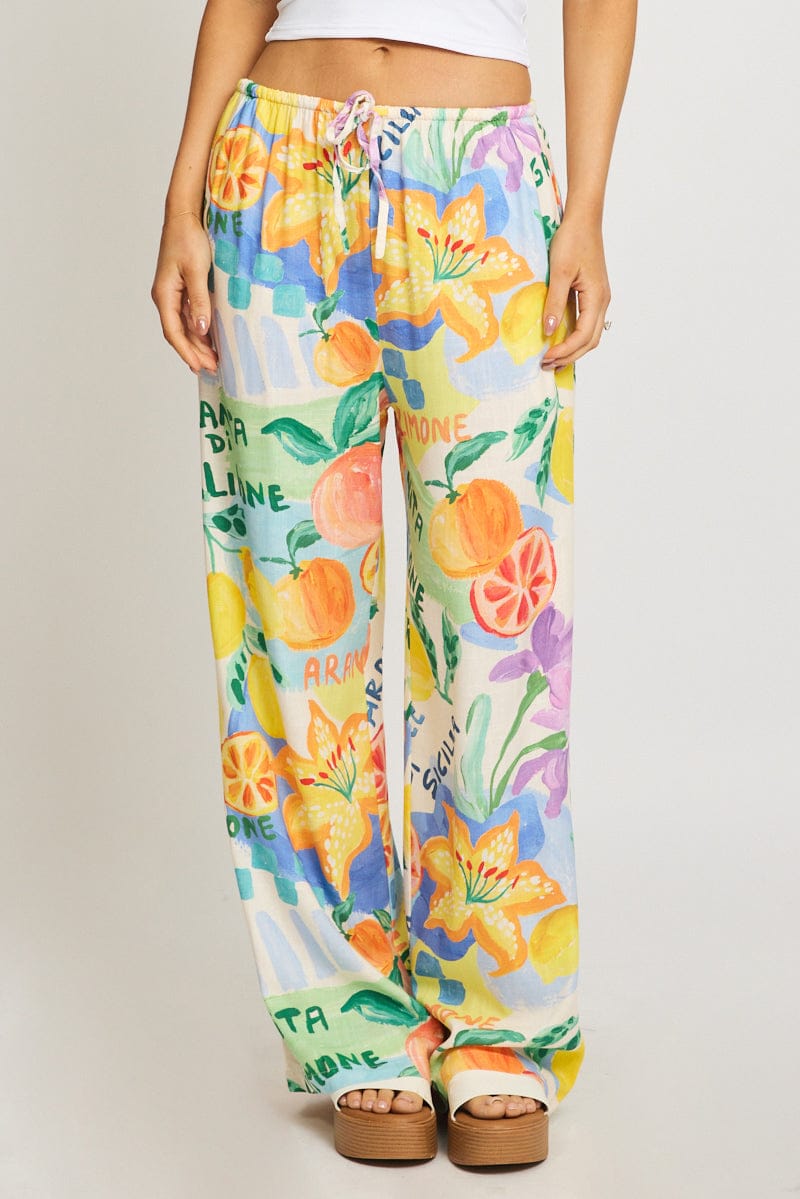 Multi Abstract Wide Leg Pants Elasticated Waist