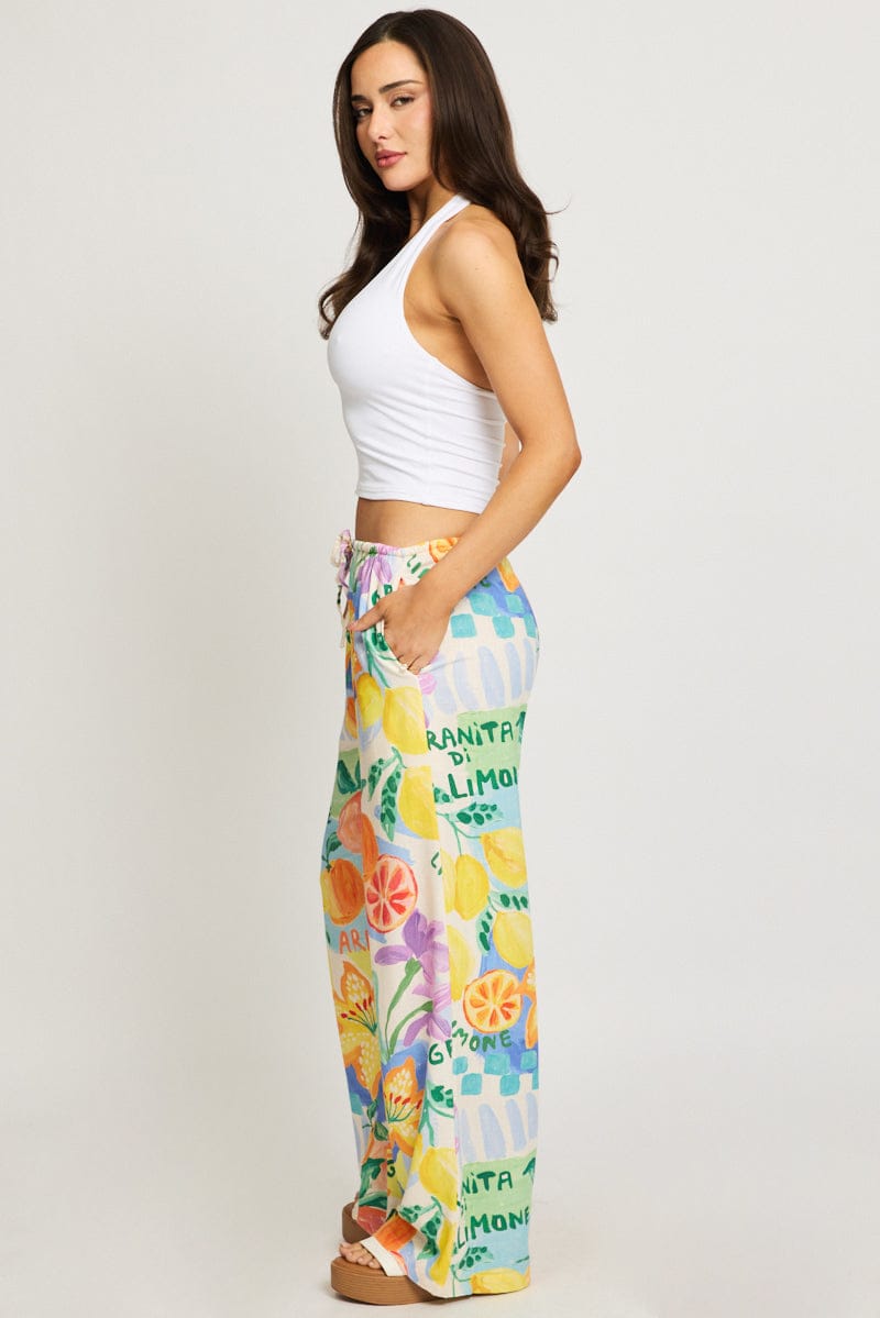 Multi Abstract Wide Leg Pants Elasticated Waist