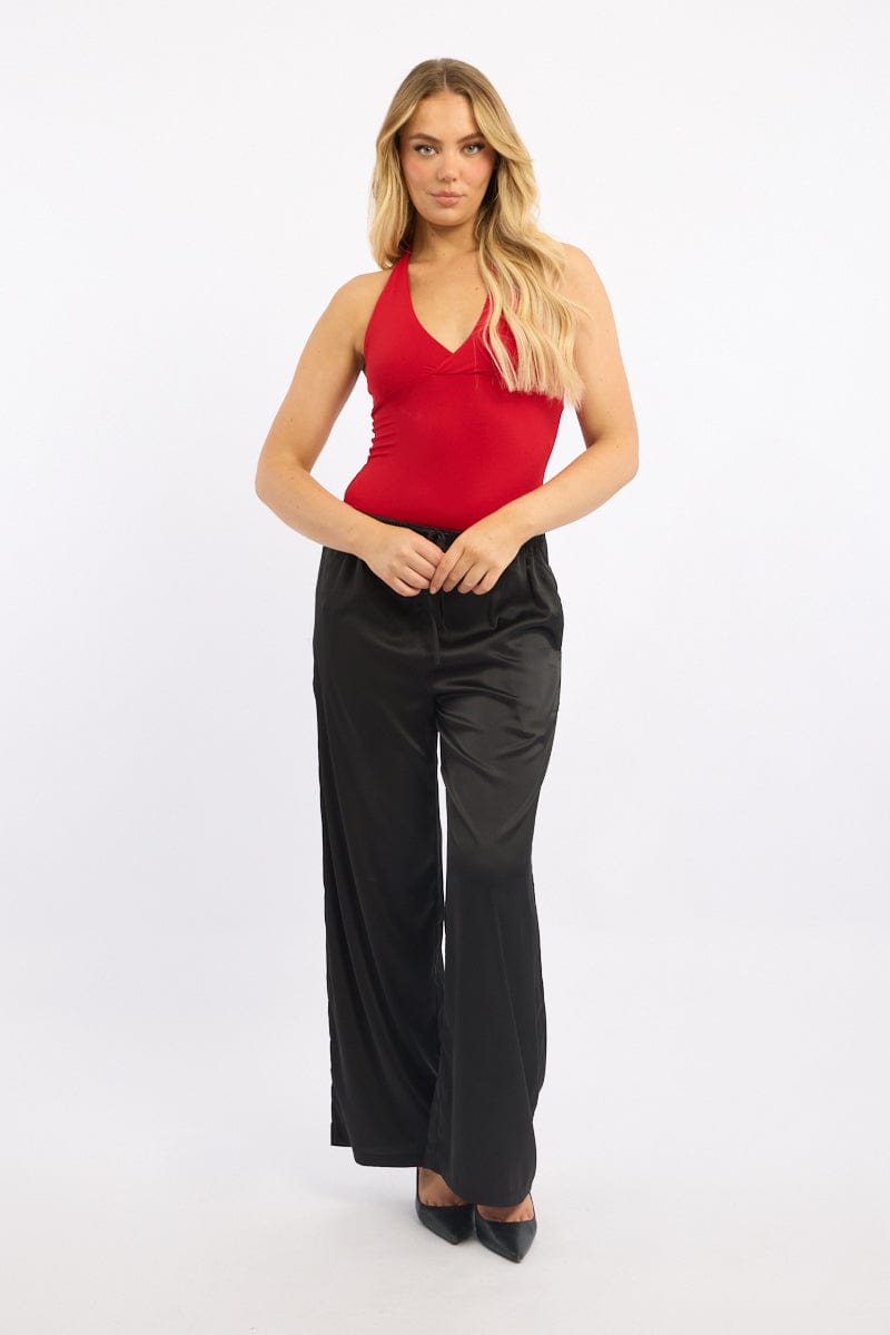 Black Wide Leg Pants High Rise Satin