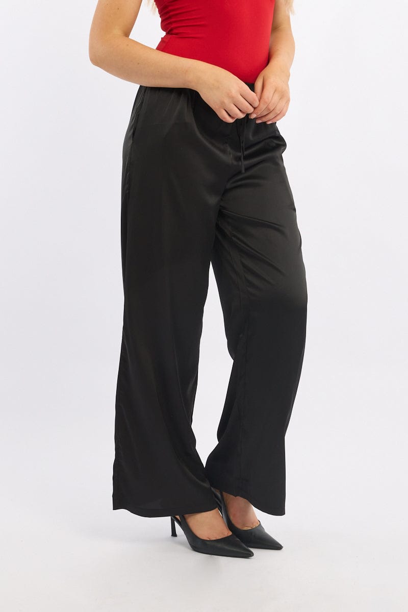Black Wide Leg Pants High Rise Satin