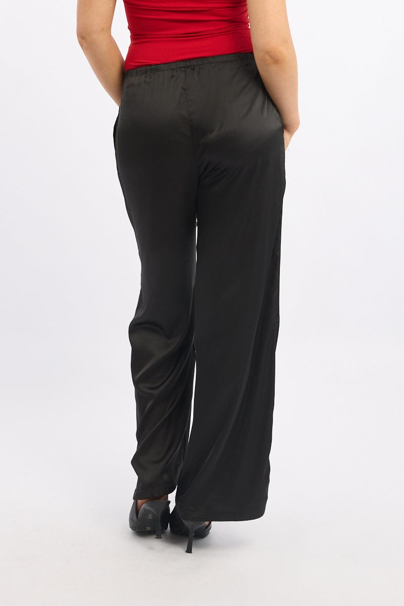 Black Wide Leg Pants High Rise Satin