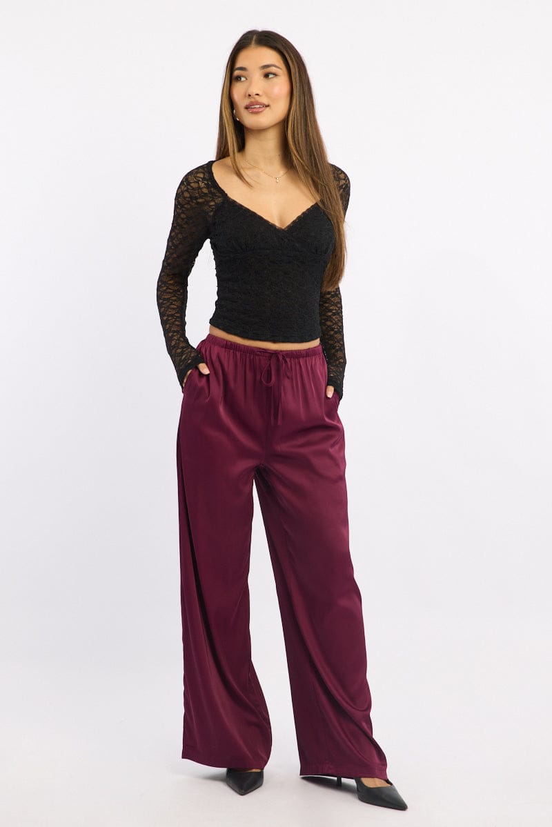 Red Wide Leg Pants High Rise Satin
