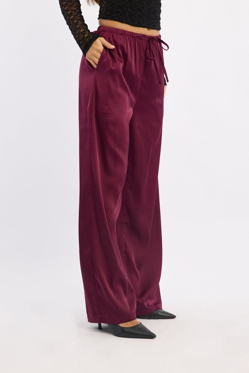 Red Wide Leg Pants High Rise Satin