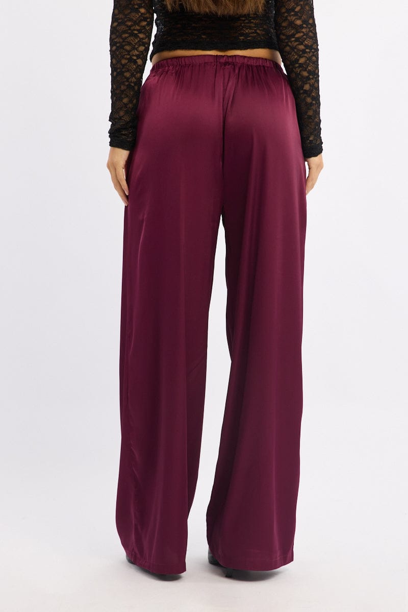 Red Wide Leg Pants High Rise Satin