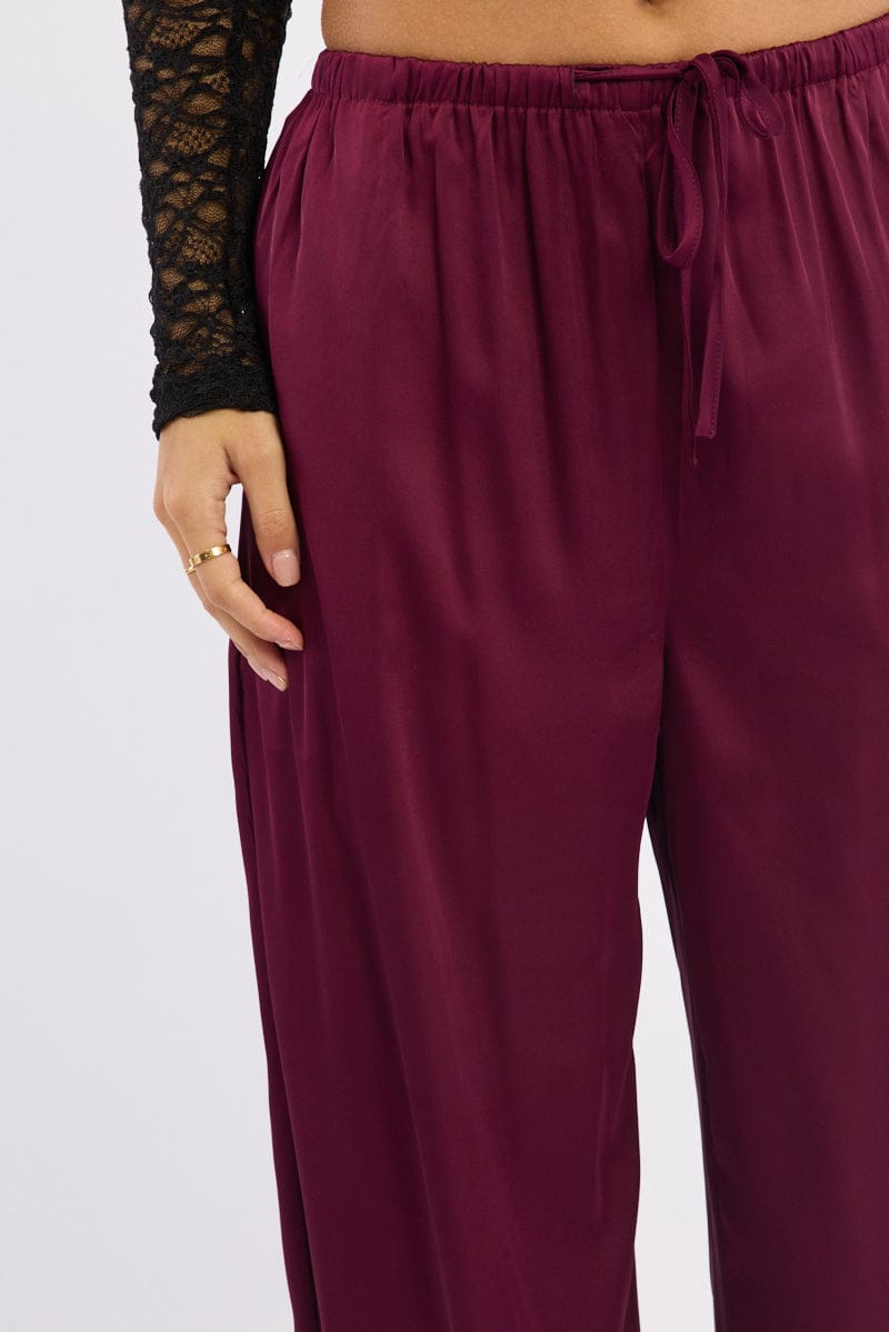 Red Wide Leg Pants High Rise Satin