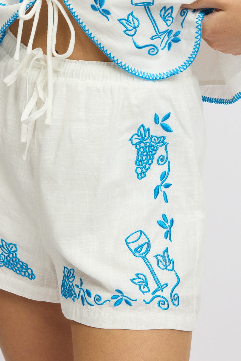 White Shorts Elasticated Waist Embroidery