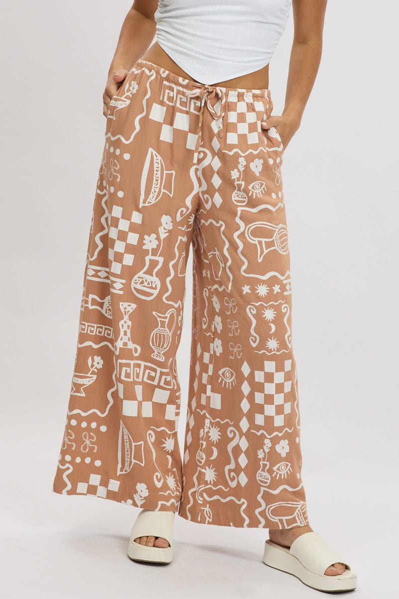 Brown Abstract Wide Leg Pants High Rise