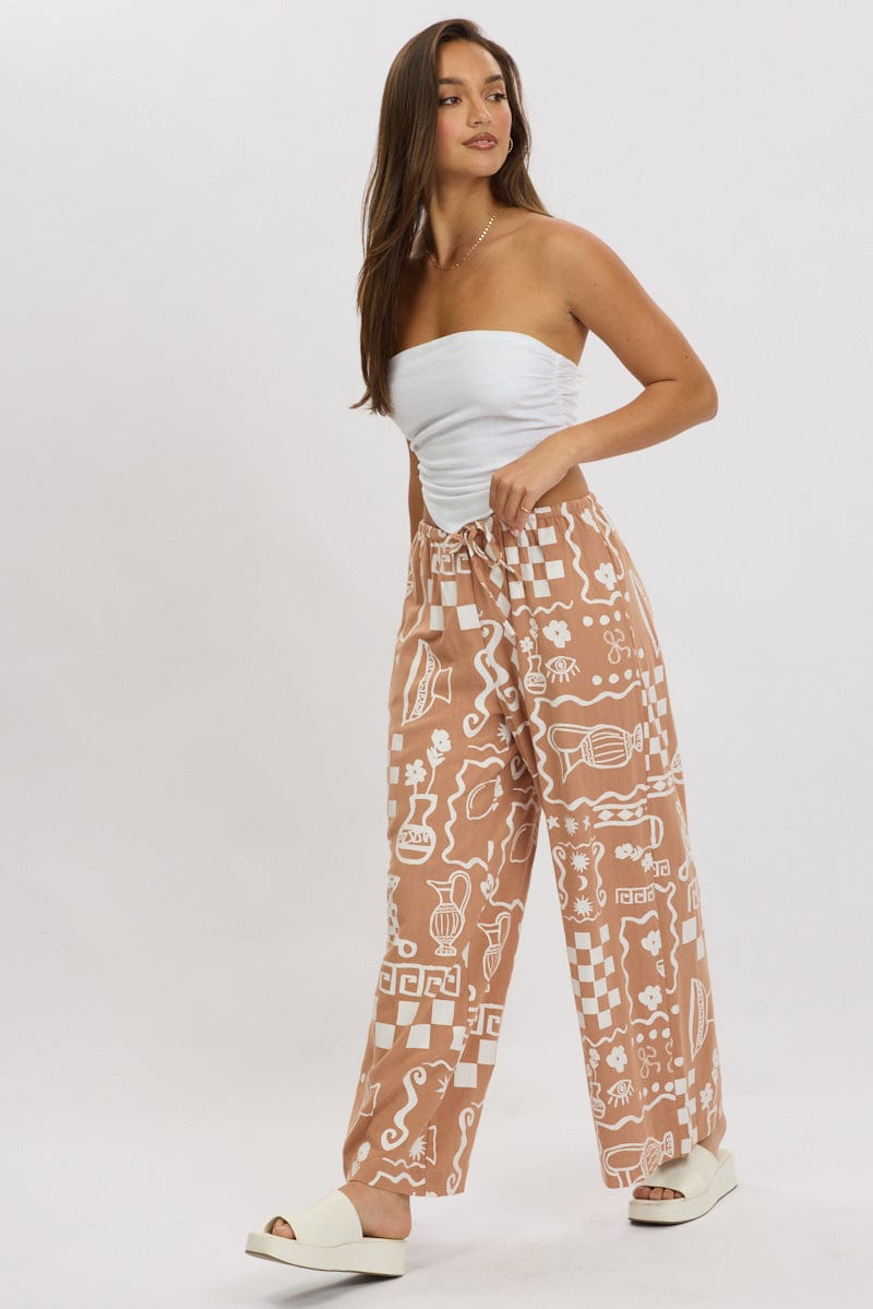 Brown Abstract Wide Leg Pants High Rise