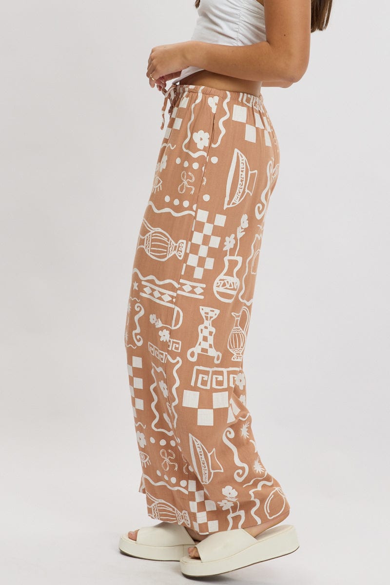Brown Abstract Wide Leg Pants High Rise