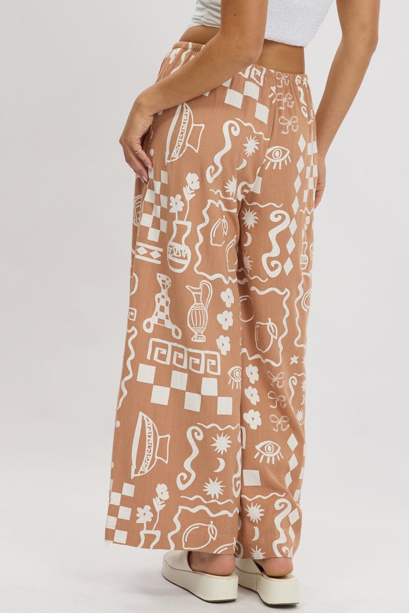 Brown Abstract Wide Leg Pants High Rise
