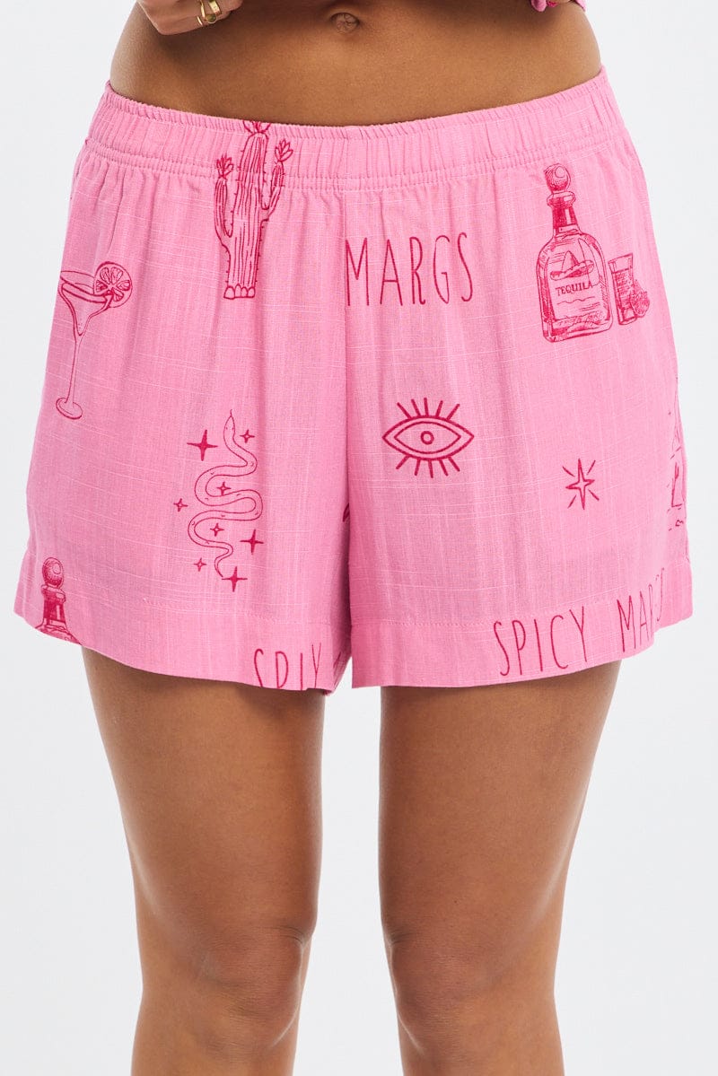Pink Abstract Relaxed Shorts High Rise
