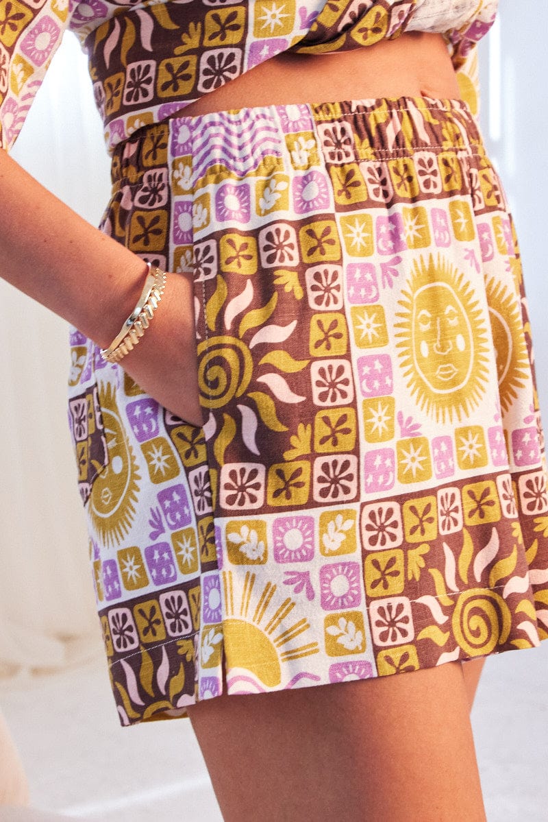 Multi Abstract Relaxed Shorts High Rise